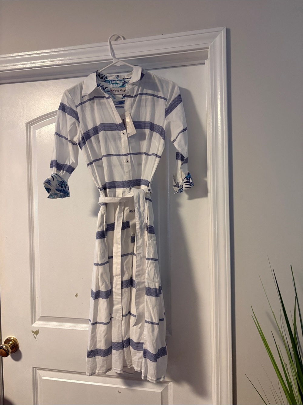 Striped White and Blue Belted Shirt Dress